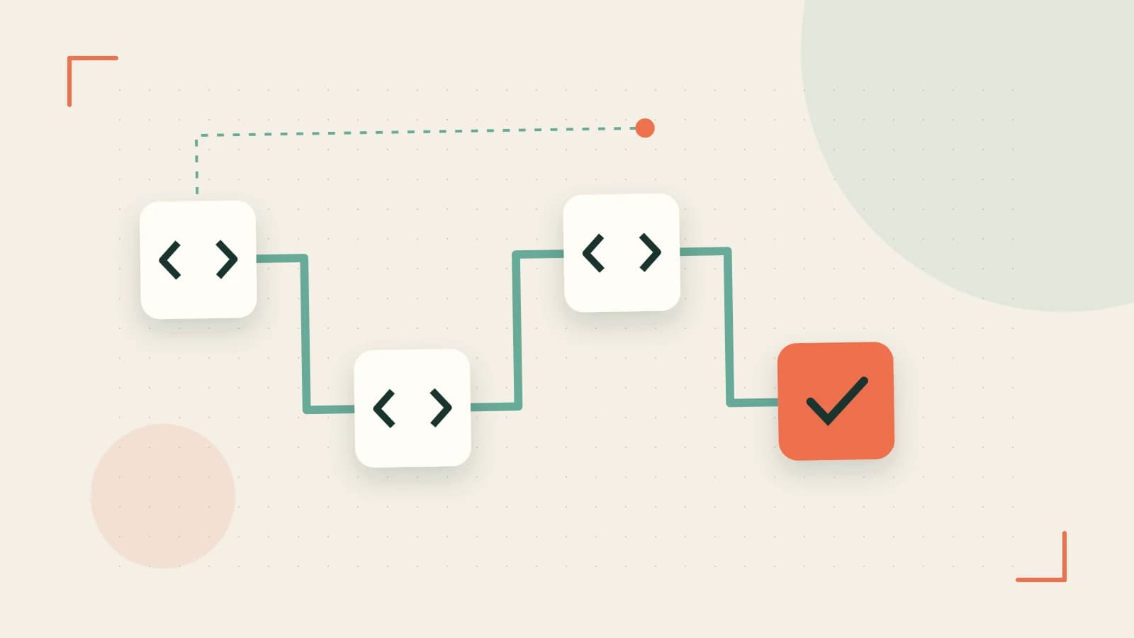 Editorial illustration of a branching build pipeline, staged transformations and a completed check