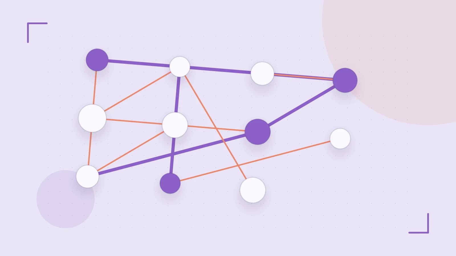 Editorial illustration of an algorithmic node graph with branching paths and a highlighted result