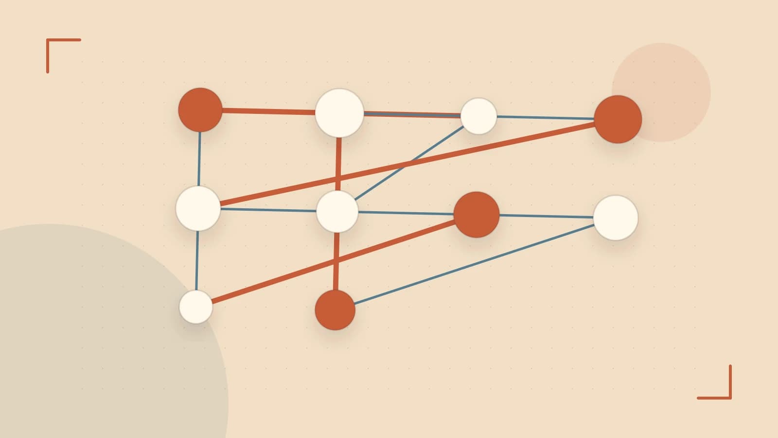 Editorial illustration of an algorithmic node graph with branching paths and a highlighted result