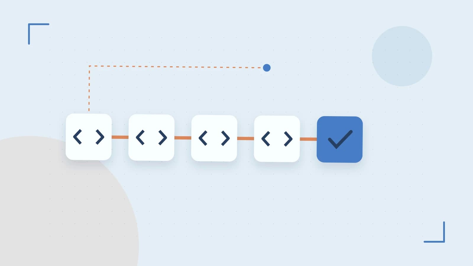 Editorial illustration of a branching build pipeline, staged transformations and a completed check