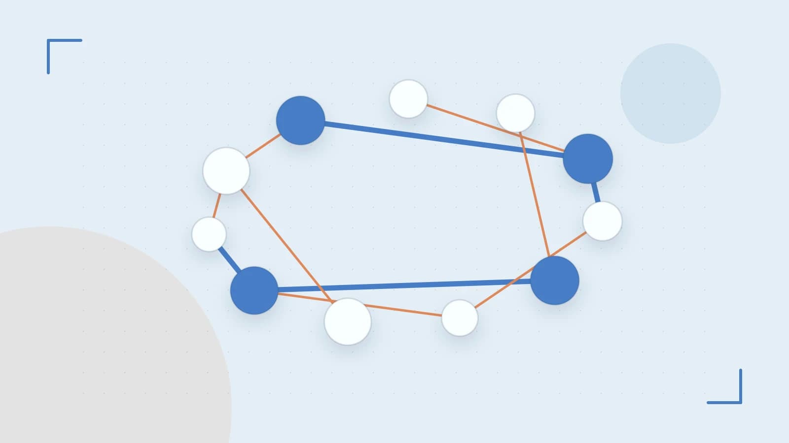 Editorial illustration of an algorithmic node graph with branching paths and a highlighted result