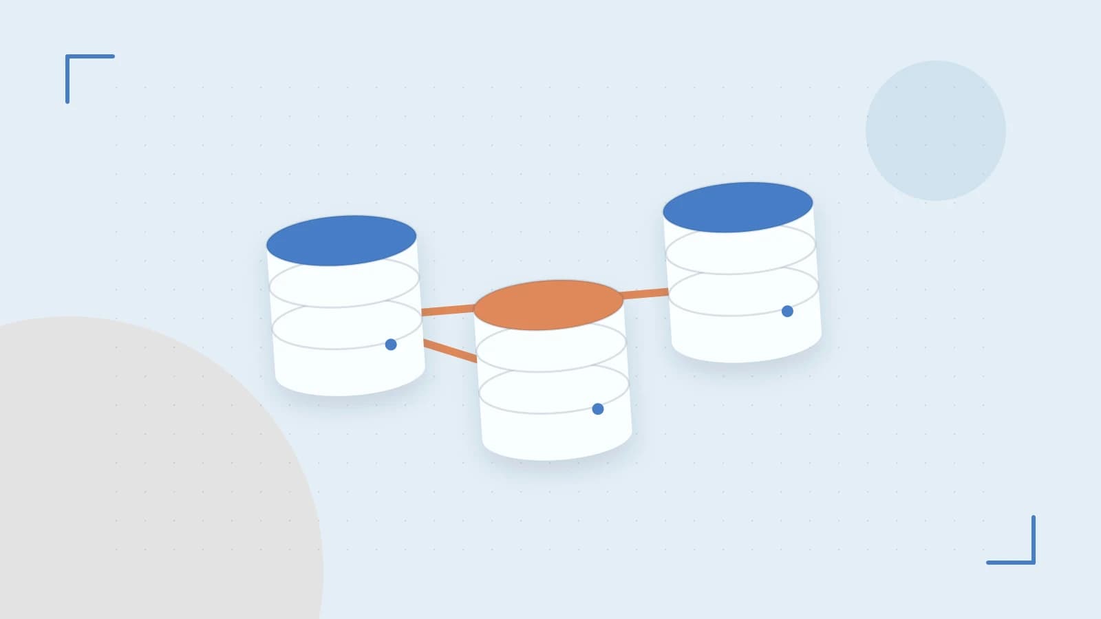 Editorial illustration of structured records, database cylinders and relationships between tables