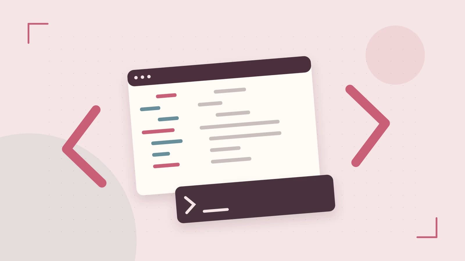 Editorial illustration of an abstract code editor, syntax blocks and oversized programming brackets