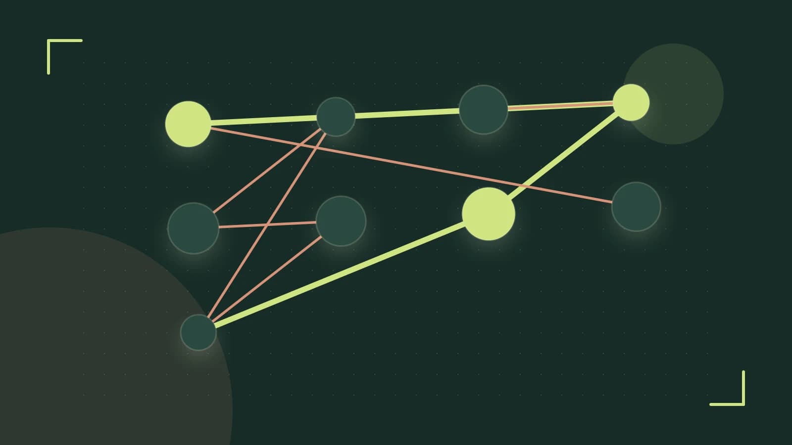 Editorial illustration of an algorithmic node graph with branching paths and a highlighted result