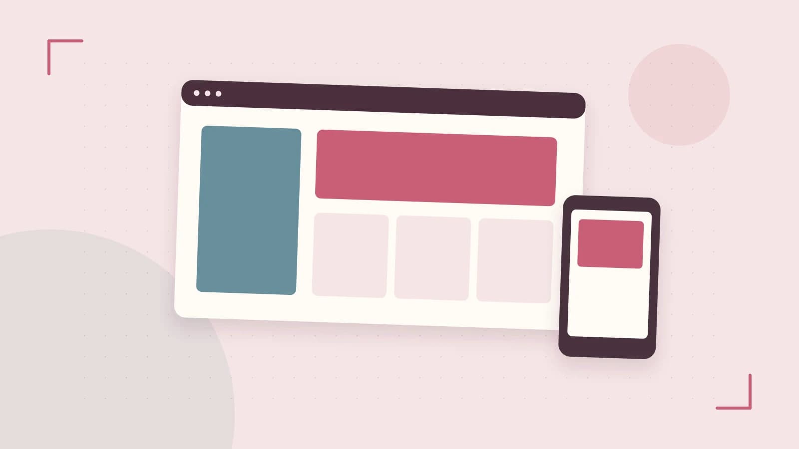 Editorial illustration of responsive browser layouts, overlapping design components and a color system