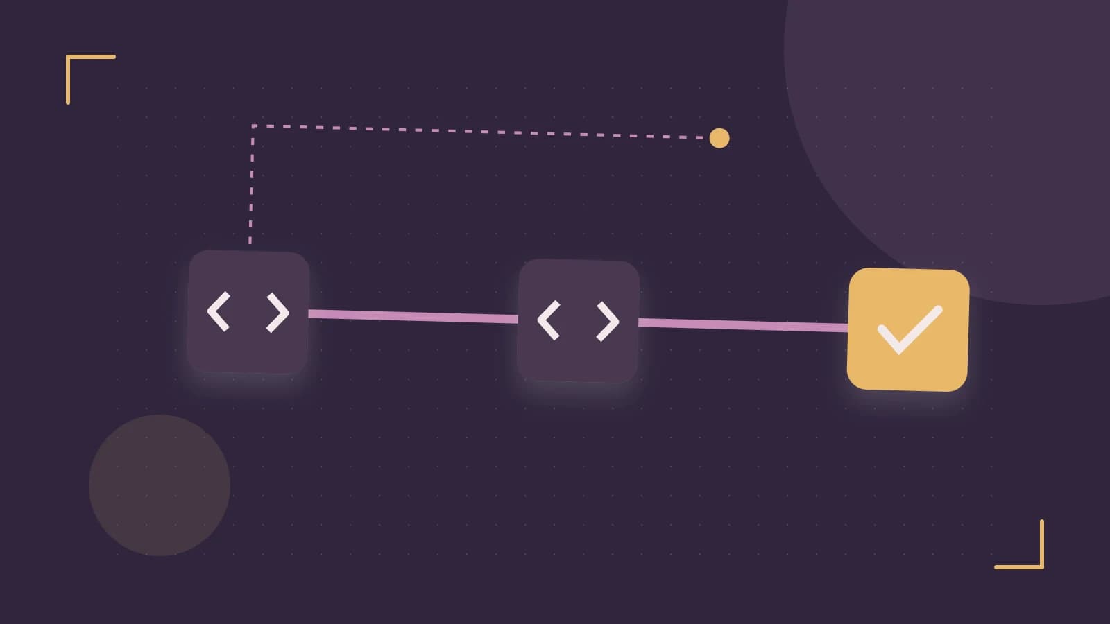 Editorial illustration of a branching build pipeline, staged transformations and a completed check