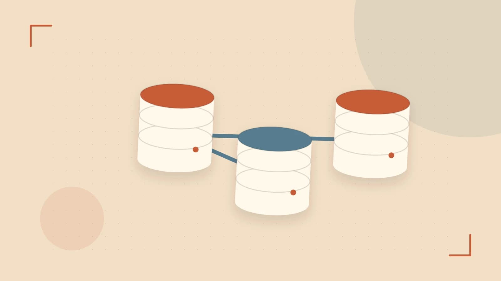 Editorial illustration of structured records, database cylinders and relationships between tables