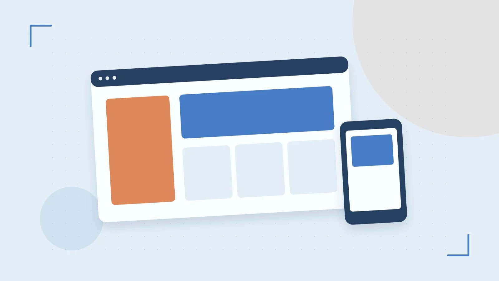Editorial illustration of responsive browser layouts, overlapping design components and a color system