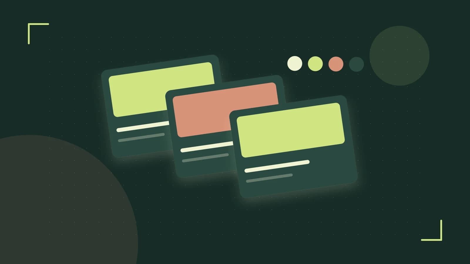 Editorial illustration of responsive browser layouts, overlapping design components and a color system