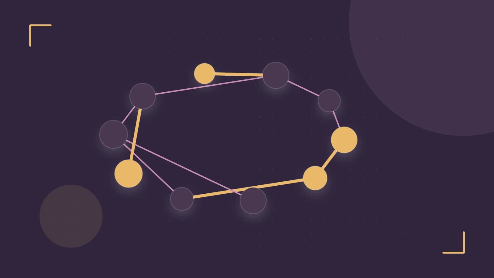 Editorial illustration of an algorithmic node graph with branching paths and a highlighted result