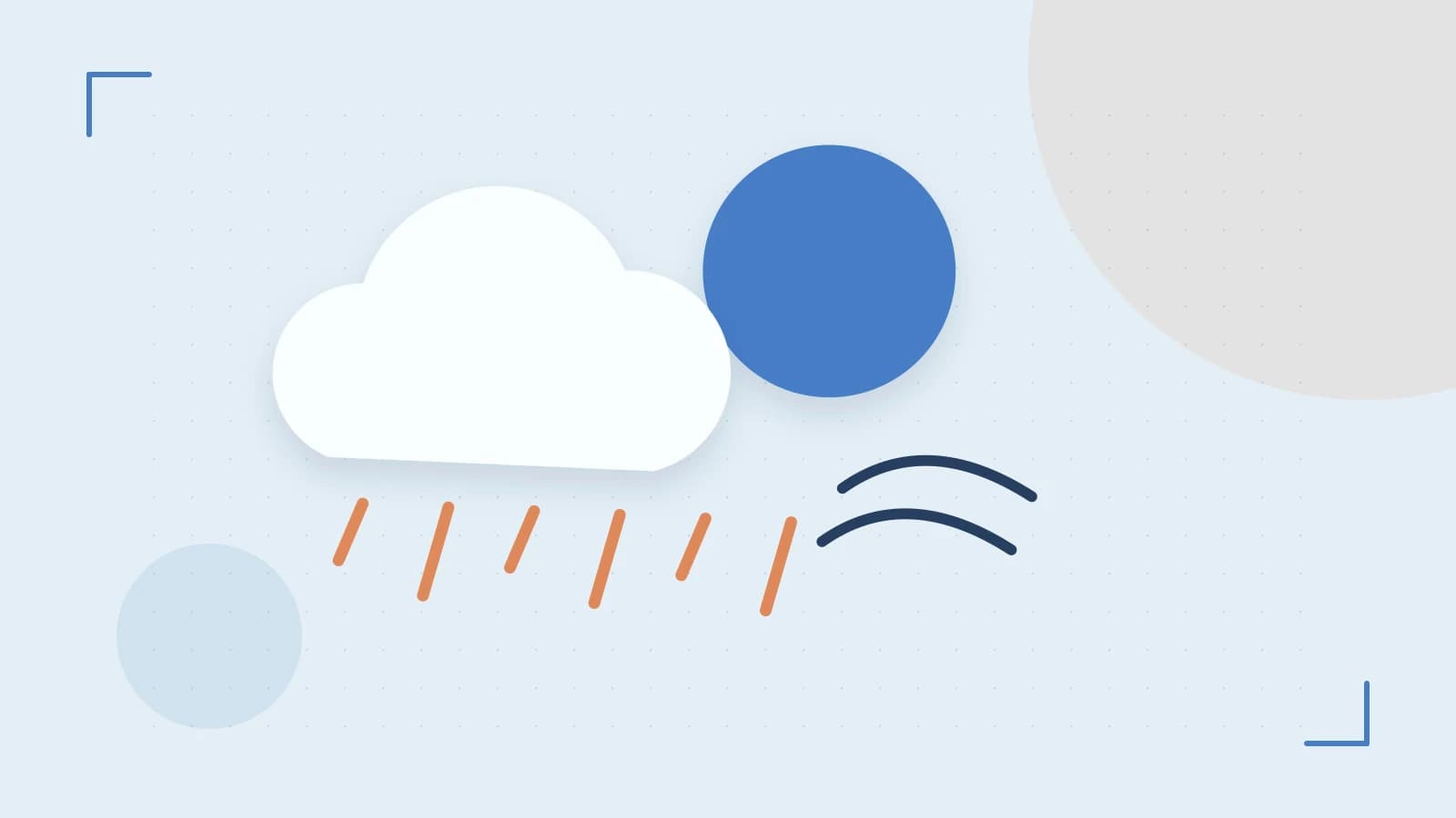 Editorial illustration of a sun, layered clouds, raindrops and flowing weather patterns