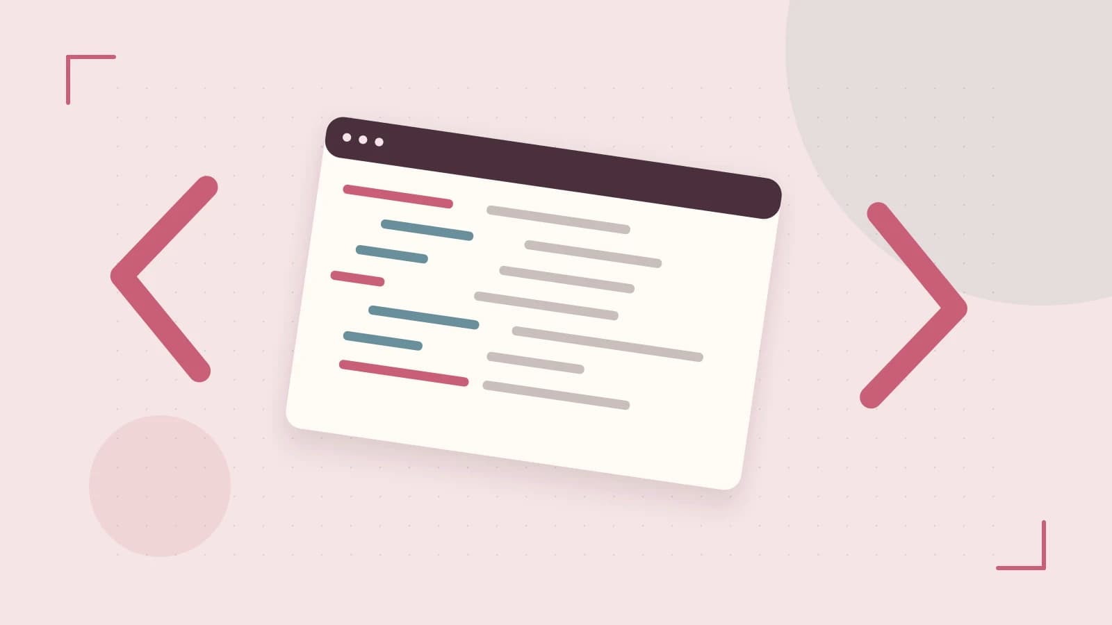 Editorial illustration of an abstract code editor, syntax blocks and oversized programming brackets