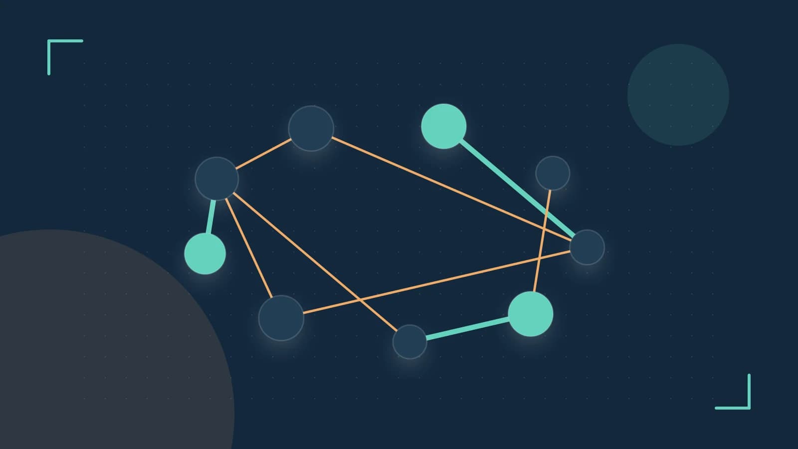 Editorial illustration of an algorithmic node graph with branching paths and a highlighted result