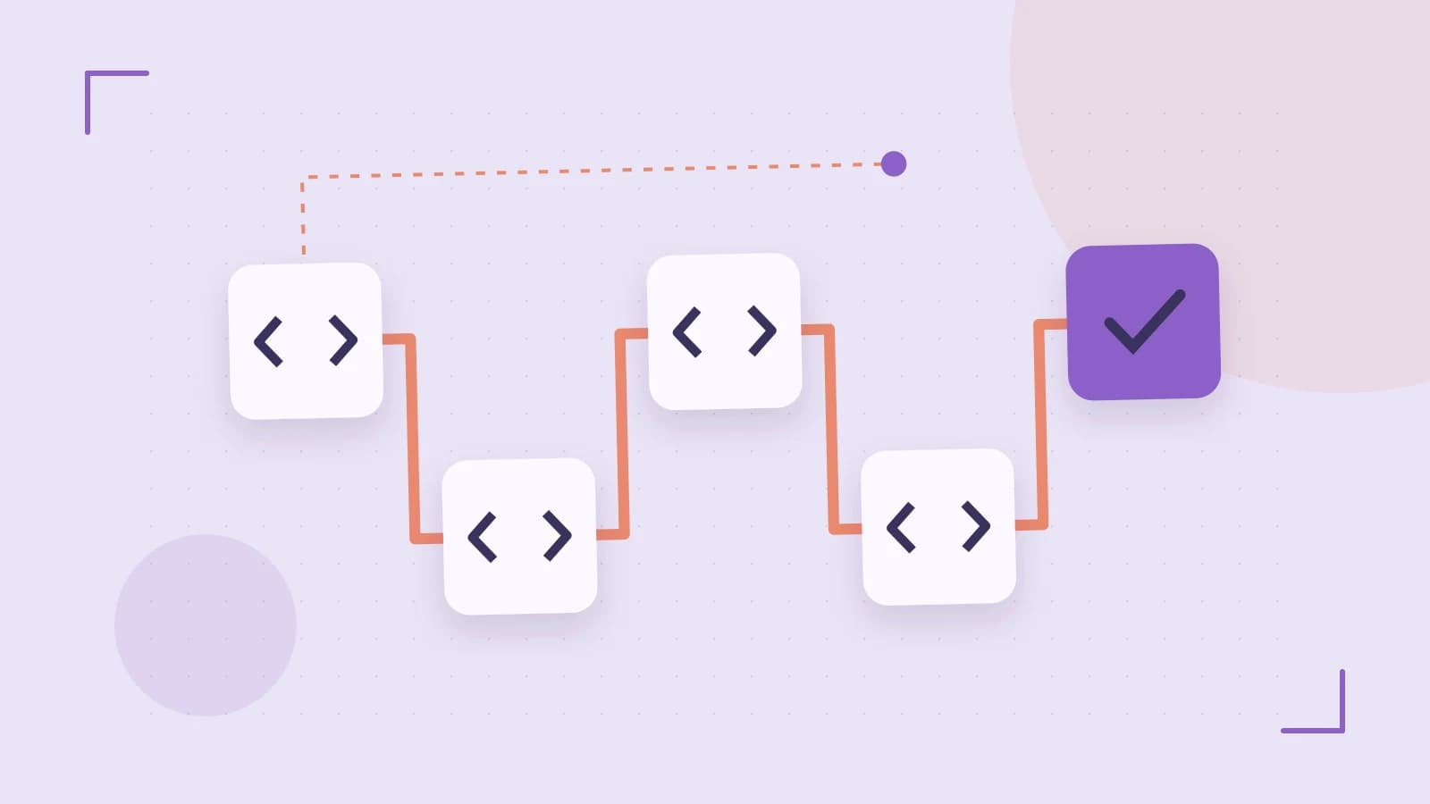 Editorial illustration of a branching build pipeline, staged transformations and a completed check