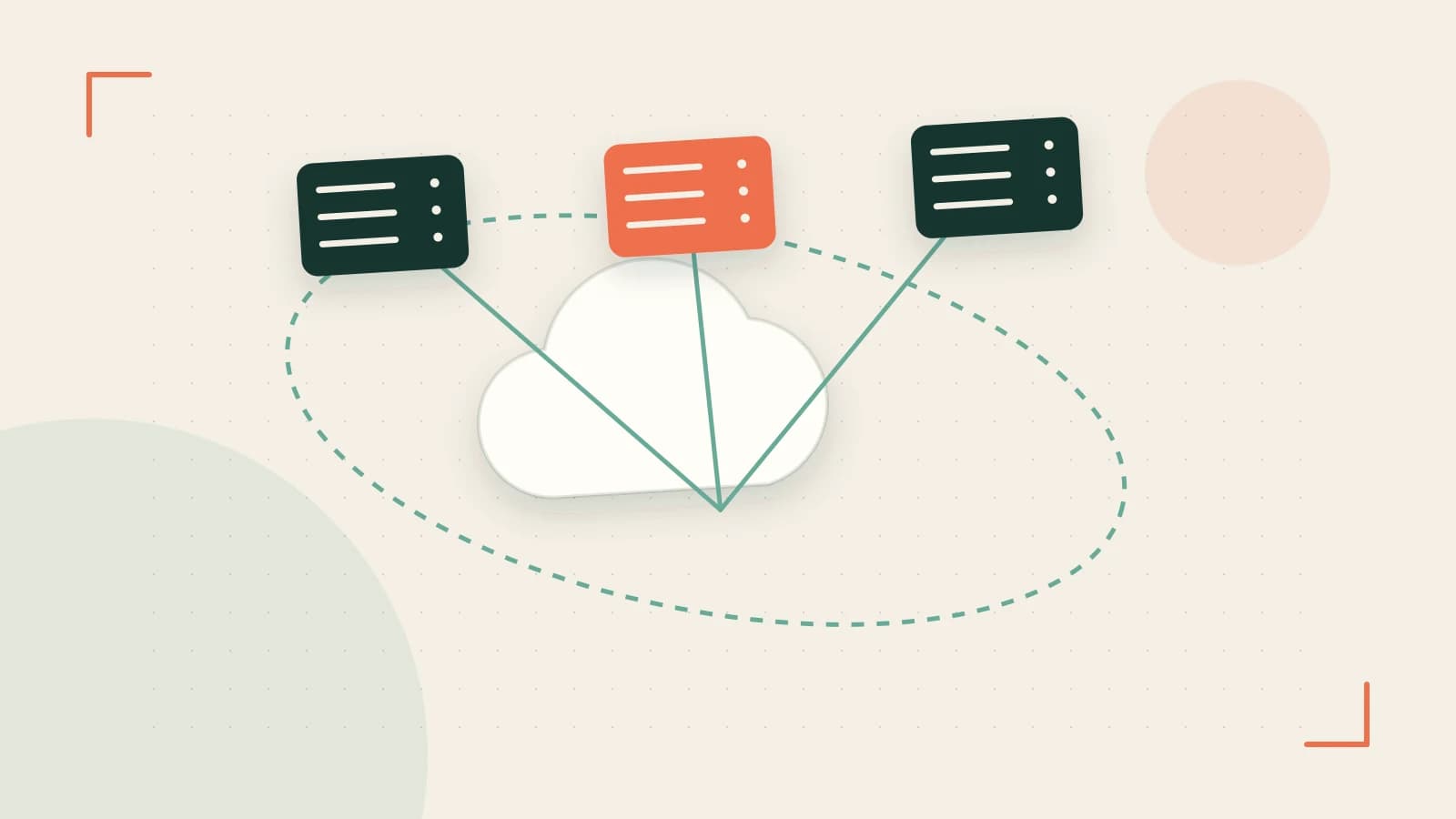 Editorial illustration of cloud infrastructure, connected server racks and an orbital service map