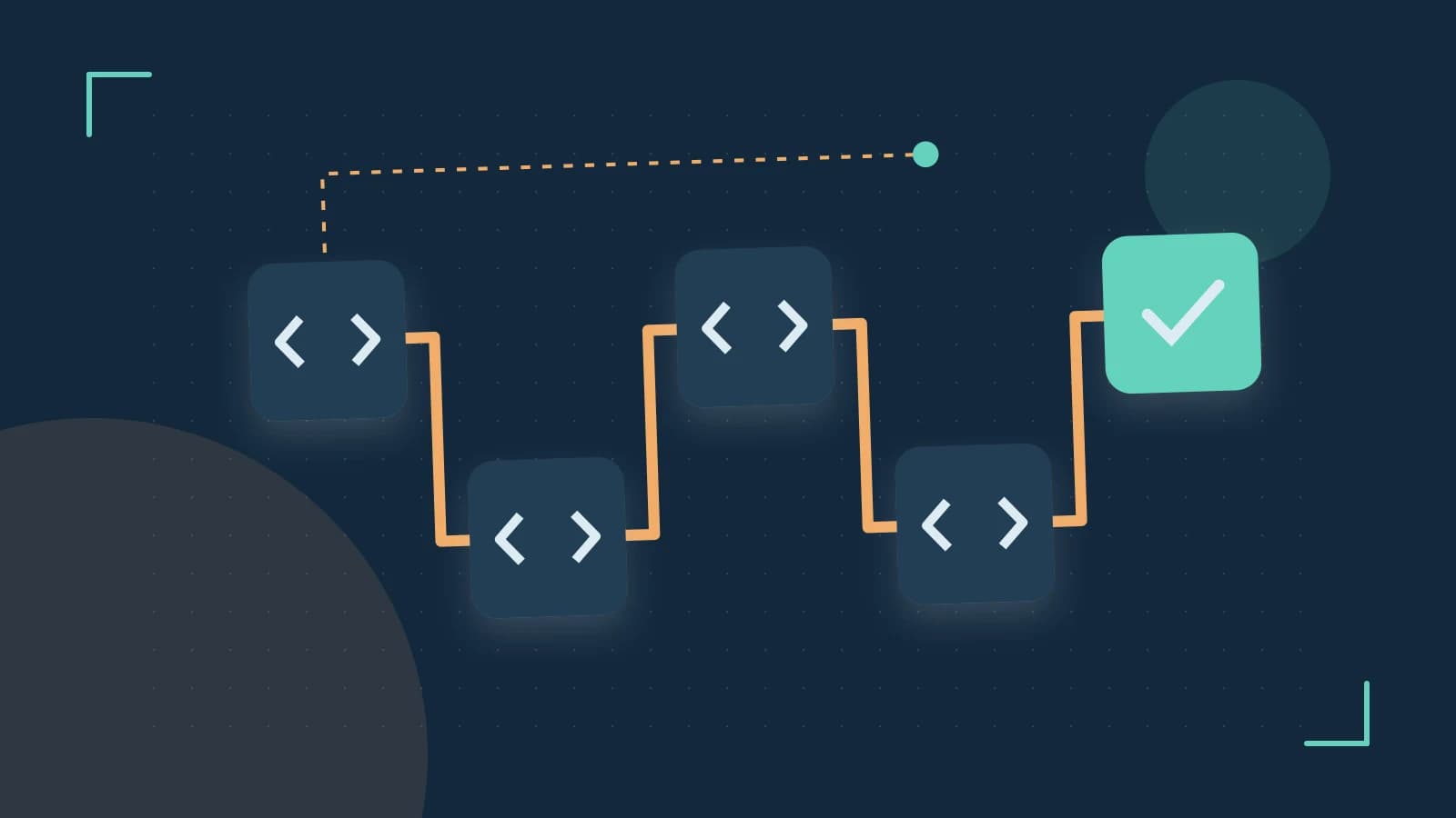 Editorial illustration of a branching build pipeline, staged transformations and a completed check