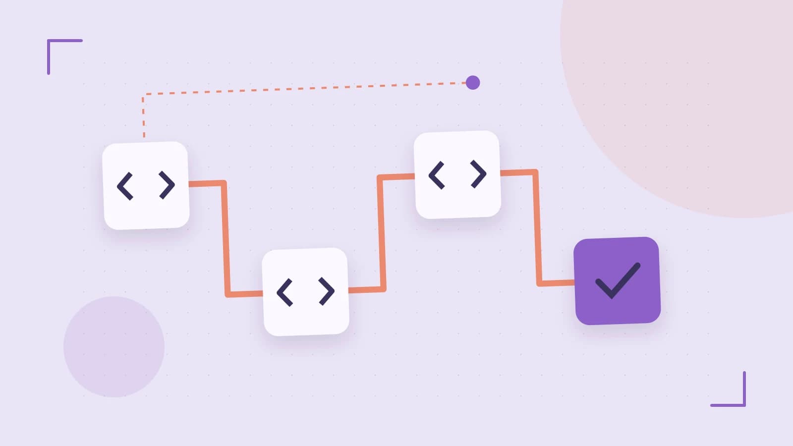 Editorial illustration of a branching build pipeline, staged transformations and a completed check