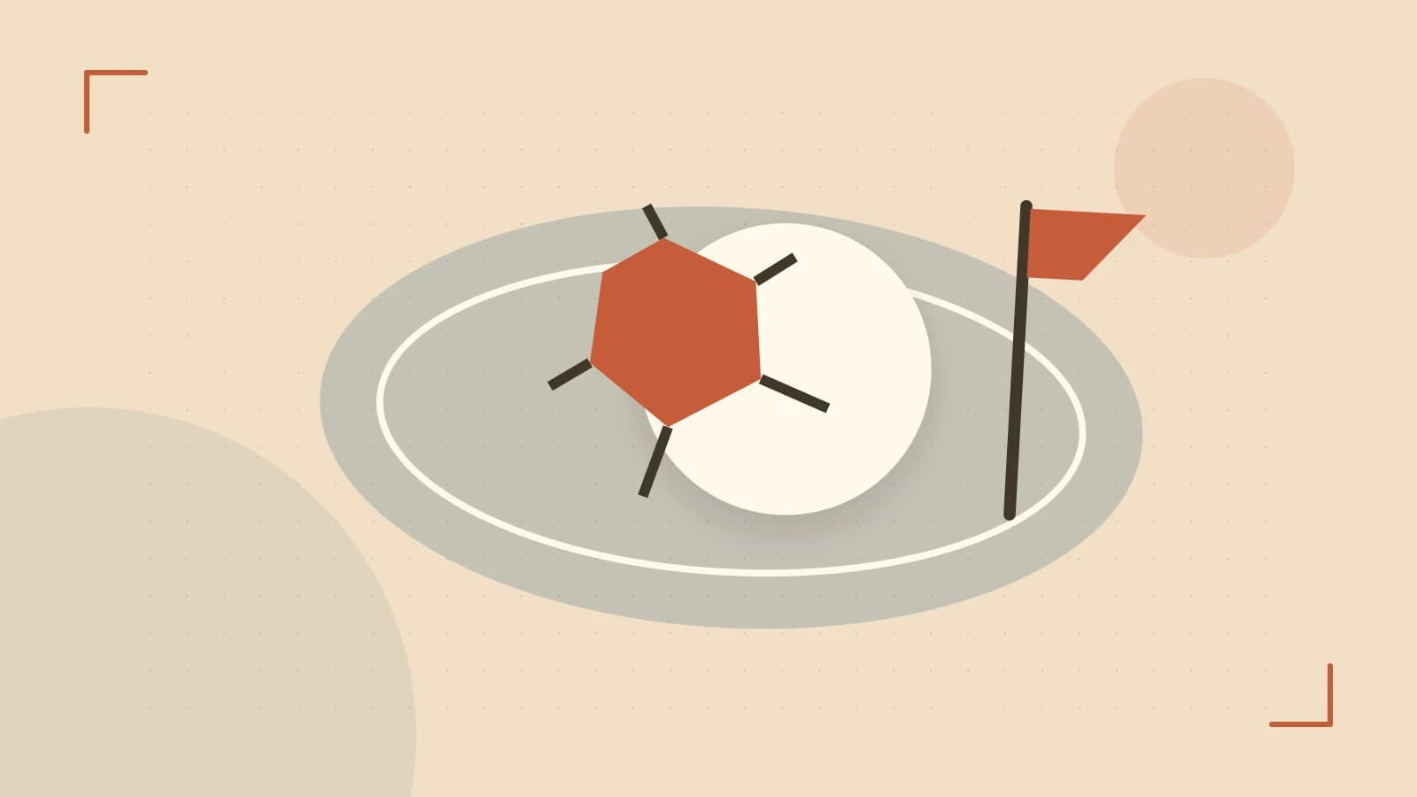 Editorial illustration of a stylized sports ball, stadium geometry and dynamic arcs