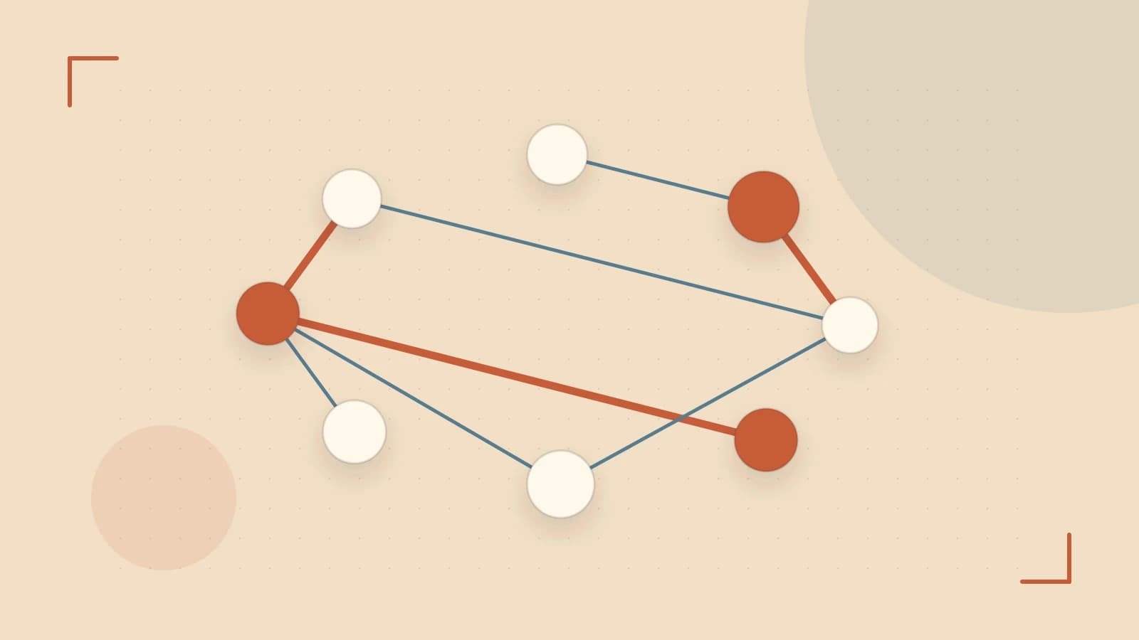 Editorial illustration of an algorithmic node graph with branching paths and a highlighted result