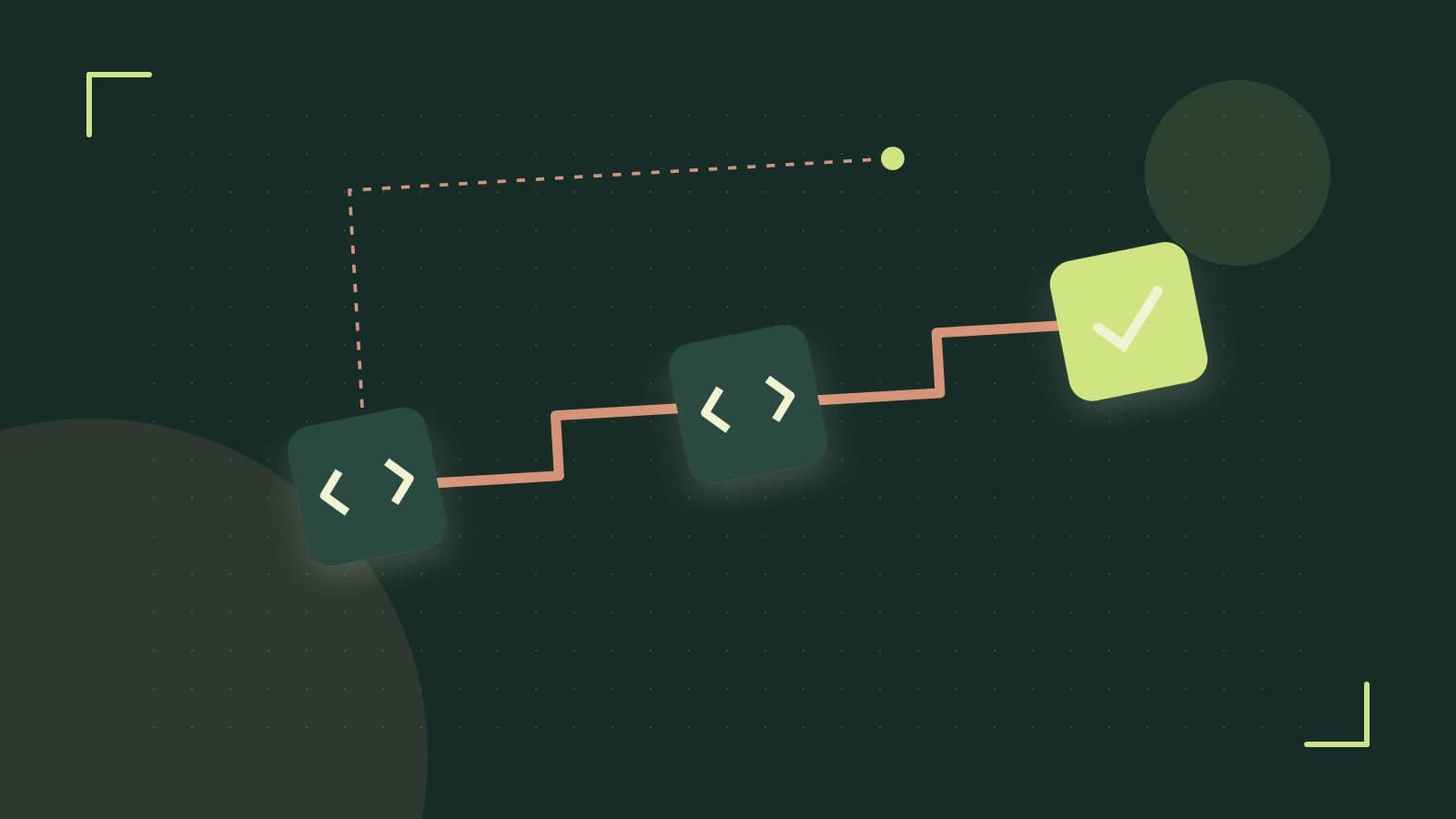 Editorial illustration of a branching build pipeline, staged transformations and a completed check