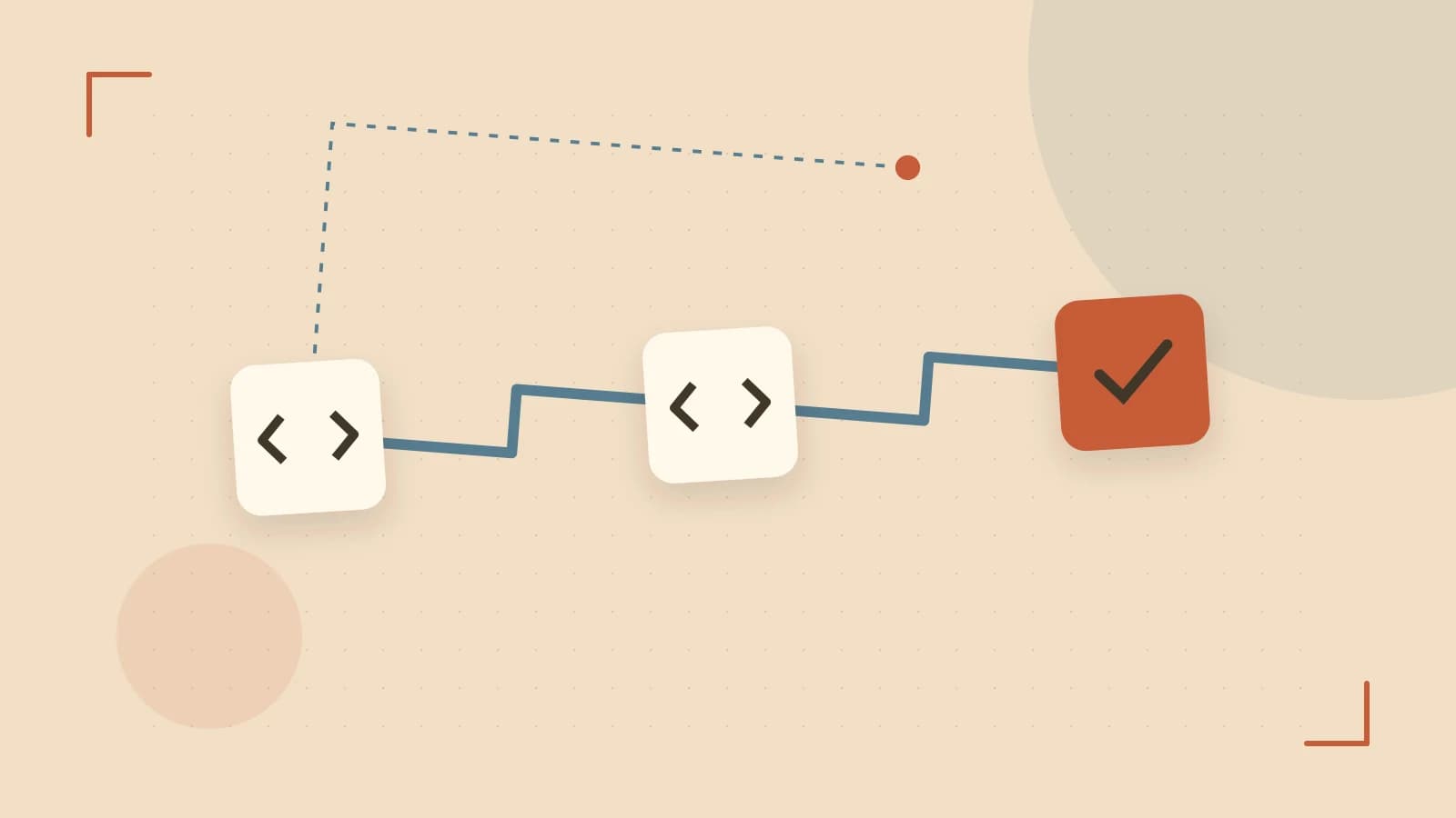 Editorial illustration of a branching build pipeline, staged transformations and a completed check