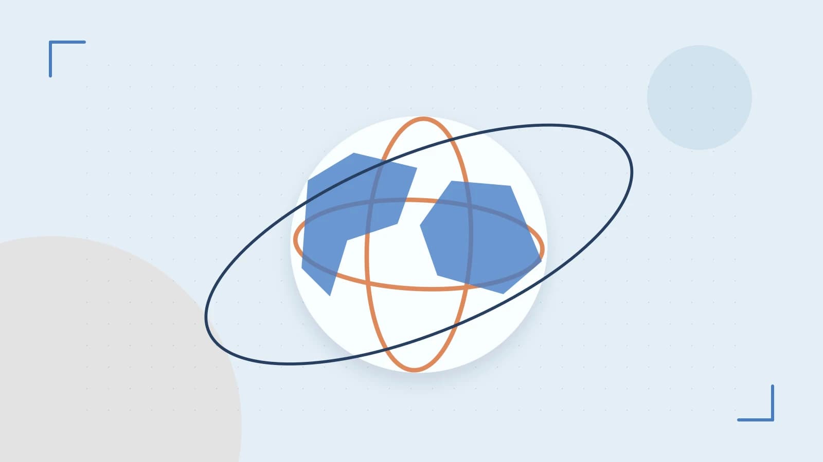 Editorial illustration of an editorial globe with meridians and layered geographic shapes