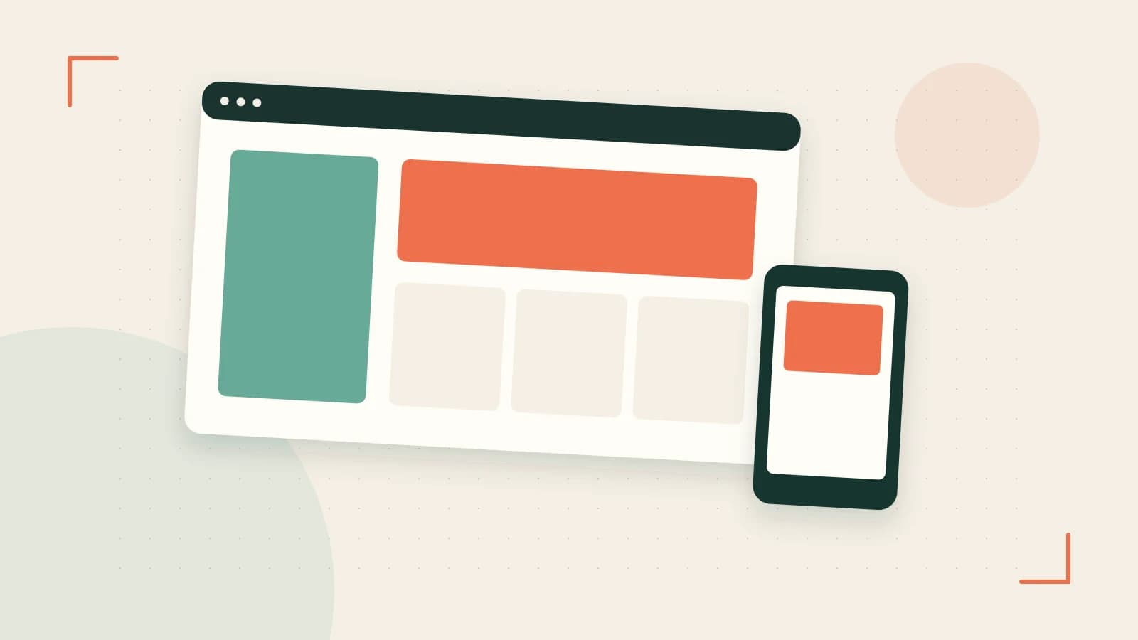 Editorial illustration of responsive browser layouts, overlapping design components and a color system