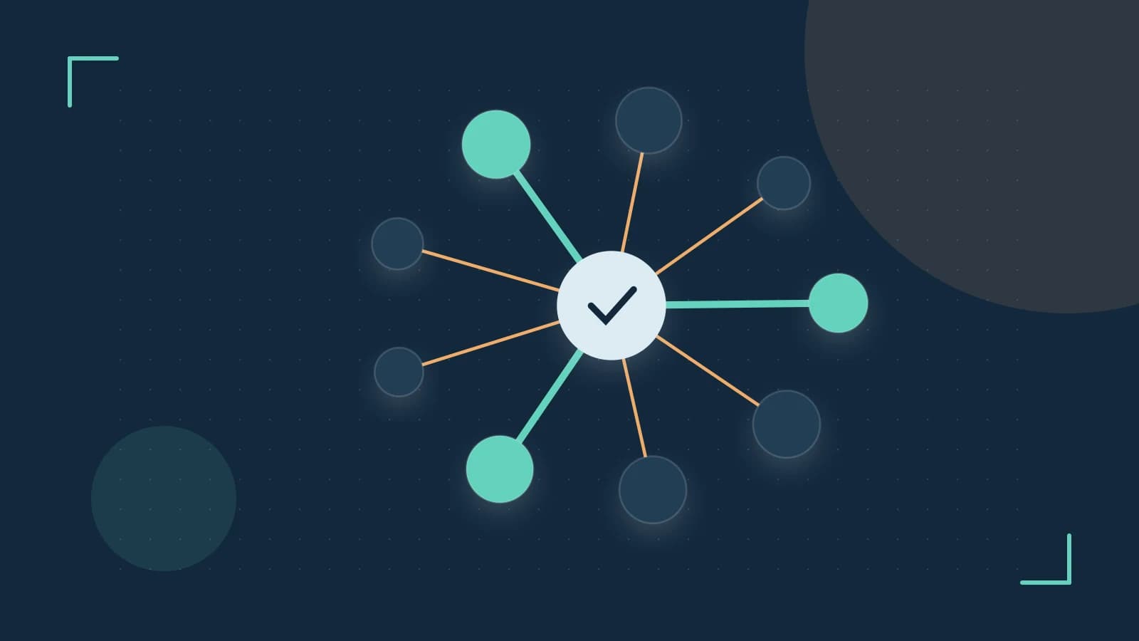 Editorial illustration of an algorithmic node graph with branching paths and a highlighted result