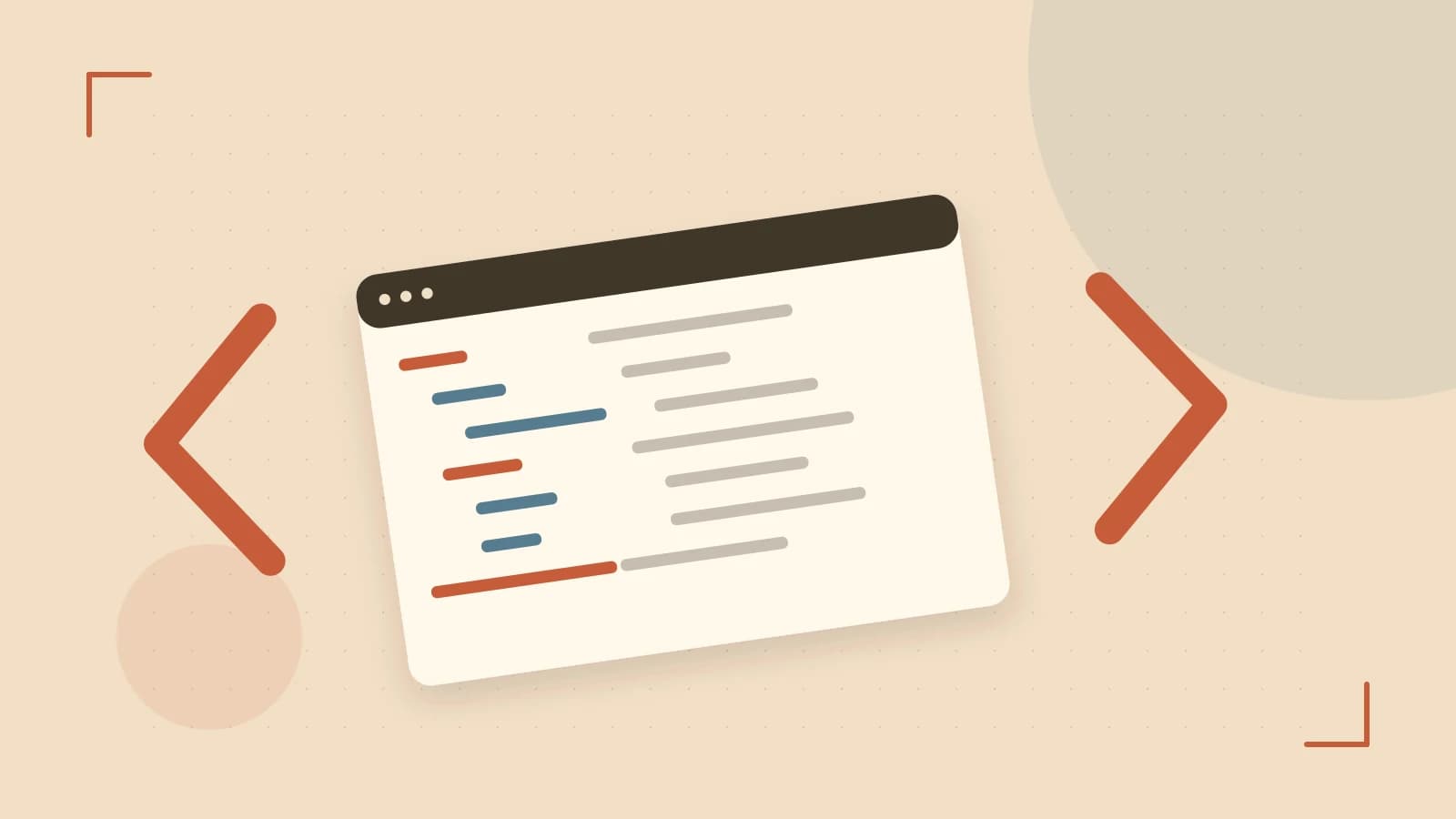 Editorial illustration of an abstract code editor, syntax blocks and oversized programming brackets
