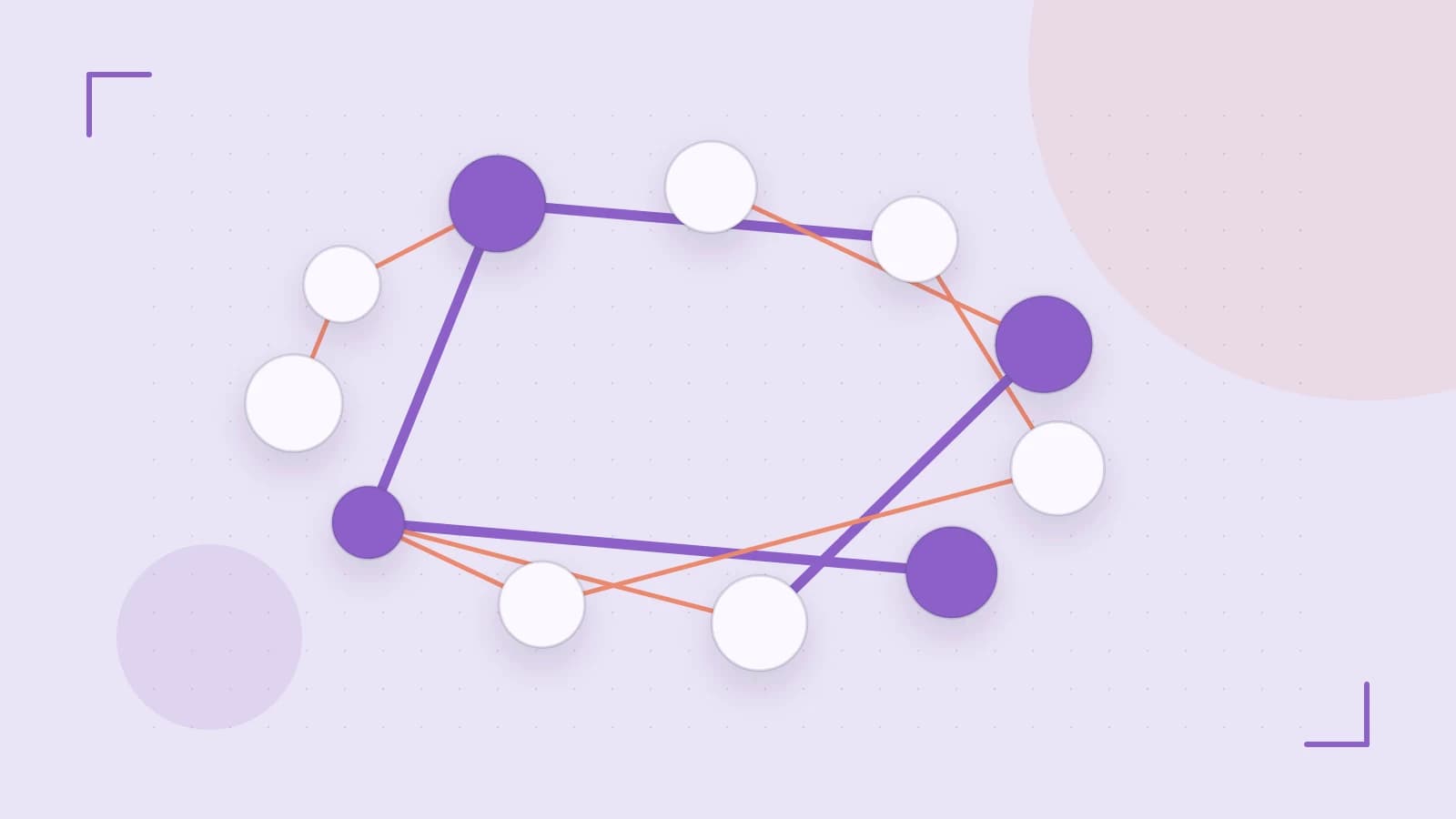 Editorial illustration of an algorithmic node graph with branching paths and a highlighted result