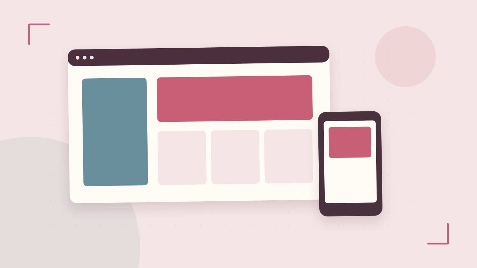 Editorial illustration of responsive browser layouts, overlapping design components and a color system