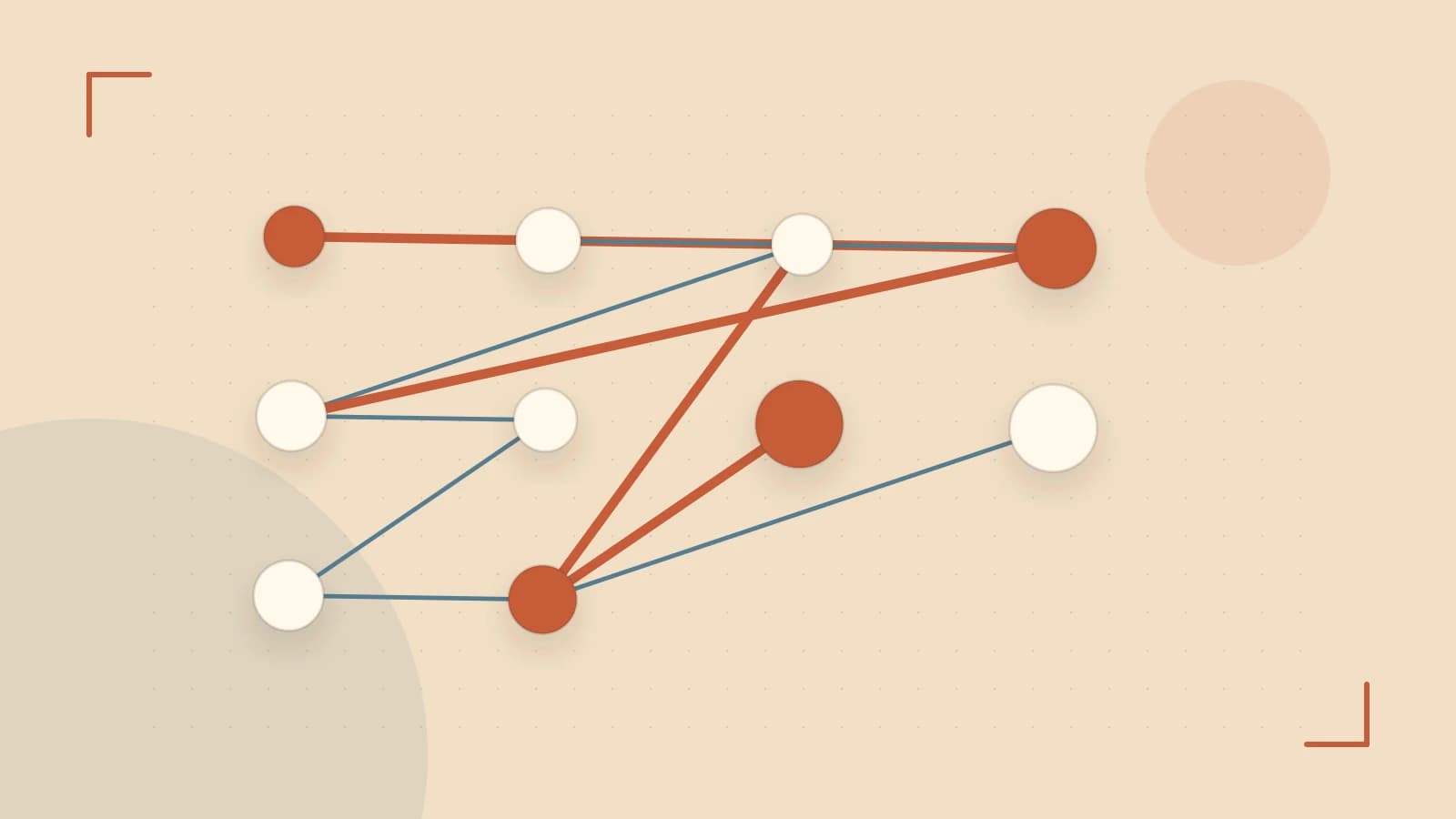 Editorial illustration of an algorithmic node graph with branching paths and a highlighted result