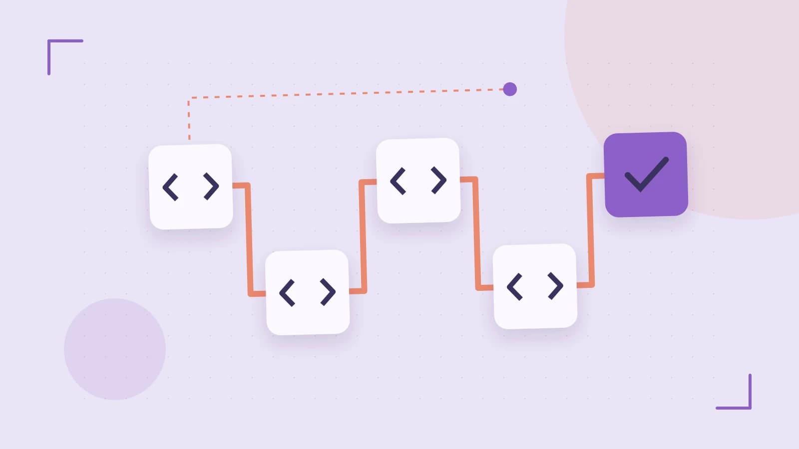 Editorial illustration of a branching build pipeline, staged transformations and a completed check