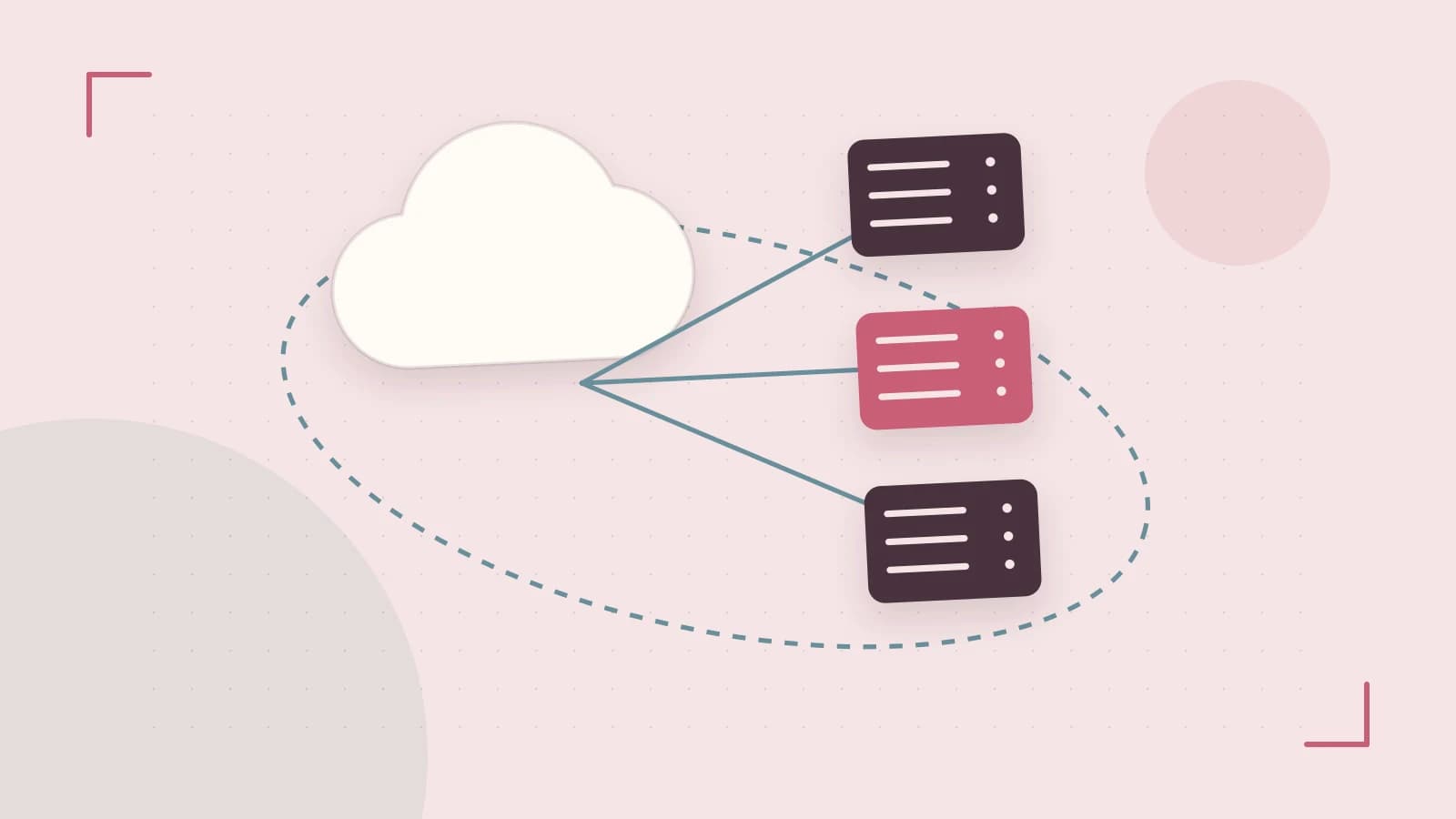 Editorial illustration of cloud infrastructure, connected server racks and an orbital service map