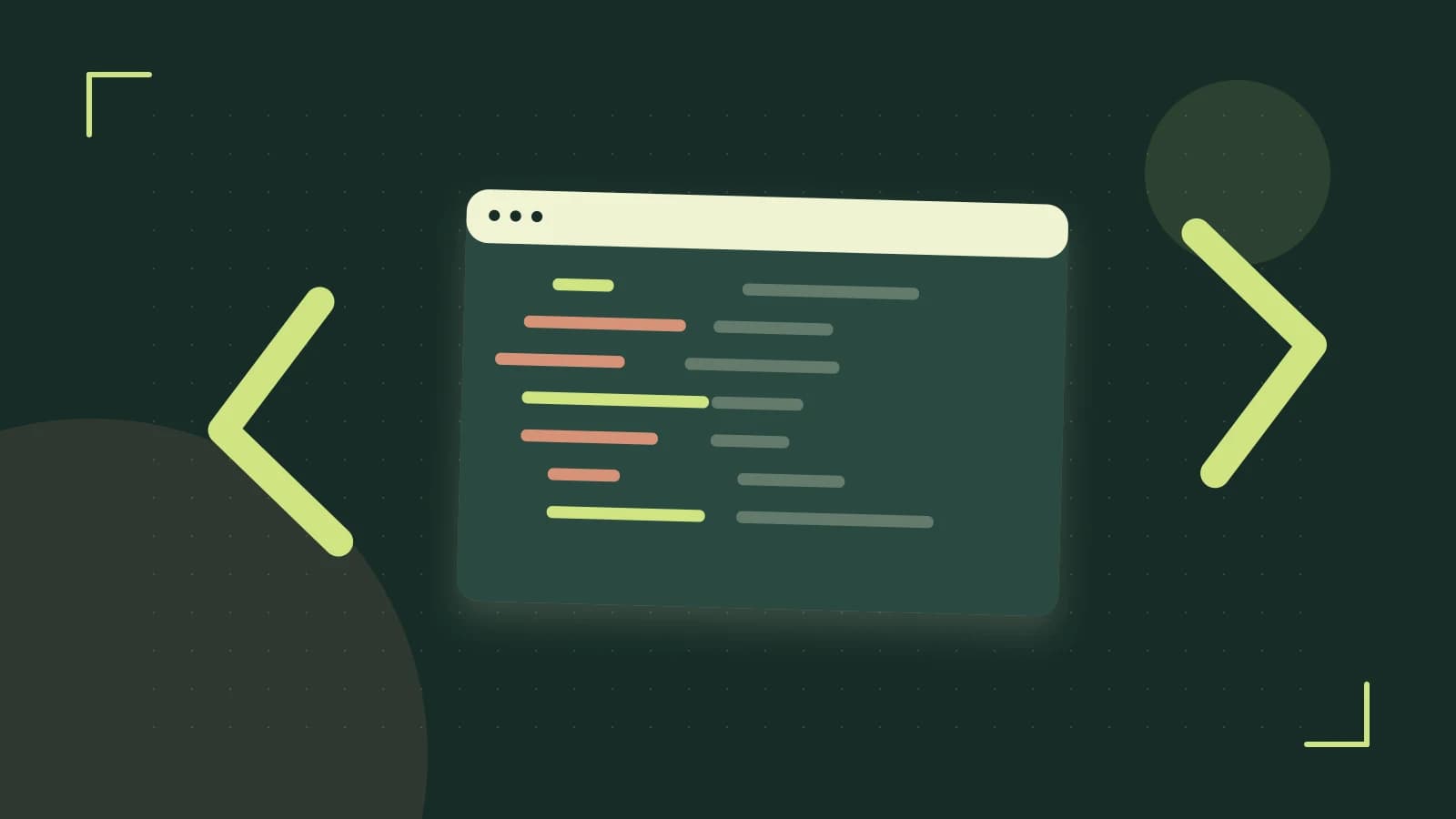 Editorial illustration of an abstract code editor, syntax blocks and oversized programming brackets