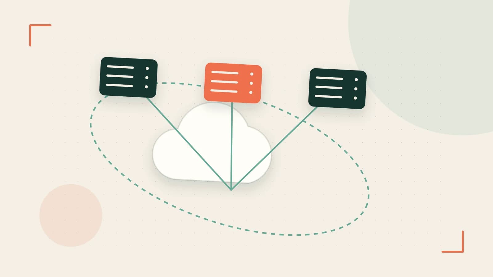 Editorial illustration of cloud infrastructure, connected server racks and an orbital service map