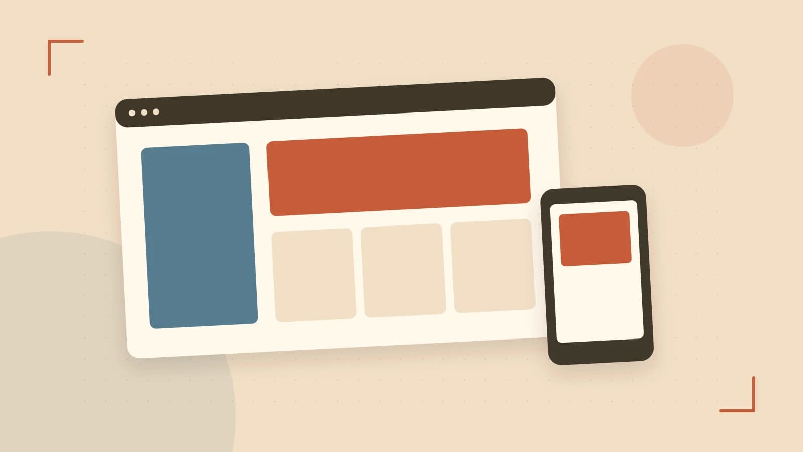 Editorial illustration of responsive browser layouts, overlapping design components and a color system