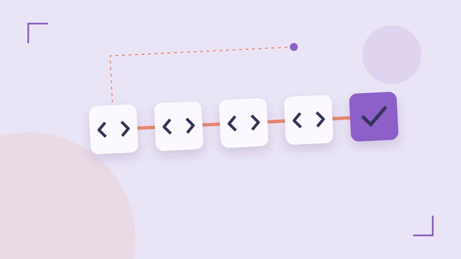 Editorial illustration of a branching build pipeline, staged transformations and a completed check