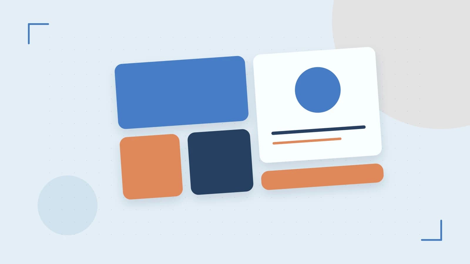 Editorial illustration of responsive browser layouts, overlapping design components and a color system