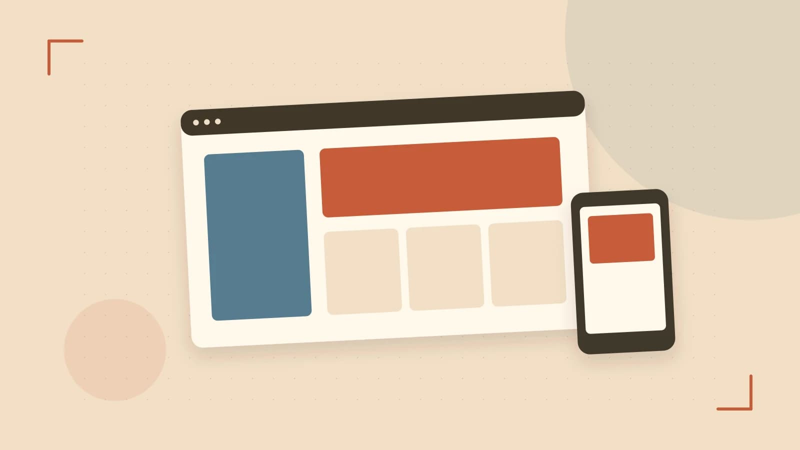 Editorial illustration of responsive browser layouts, overlapping design components and a color system
