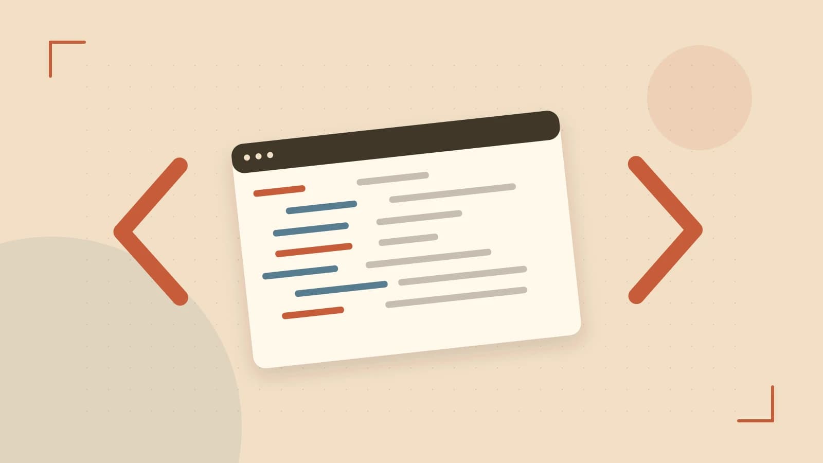 Editorial illustration of an abstract code editor, syntax blocks and oversized programming brackets