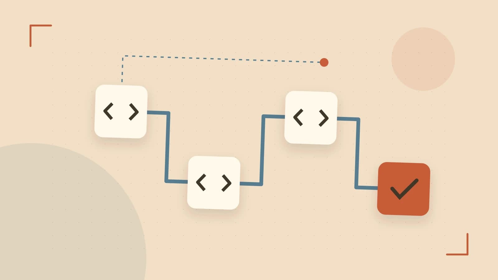 Editorial illustration of a branching build pipeline, staged transformations and a completed check