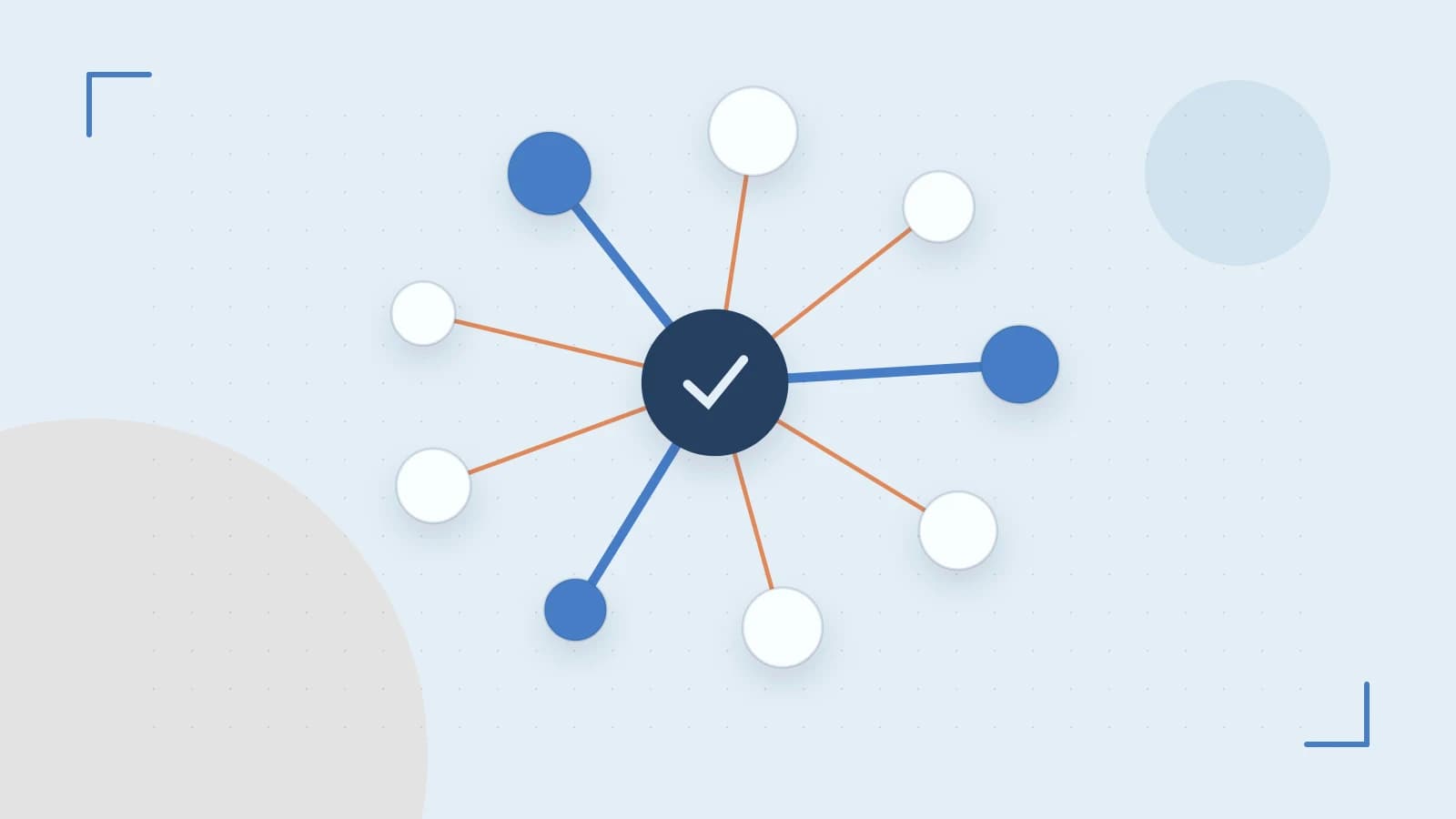 Editorial illustration of an algorithmic node graph with branching paths and a highlighted result
