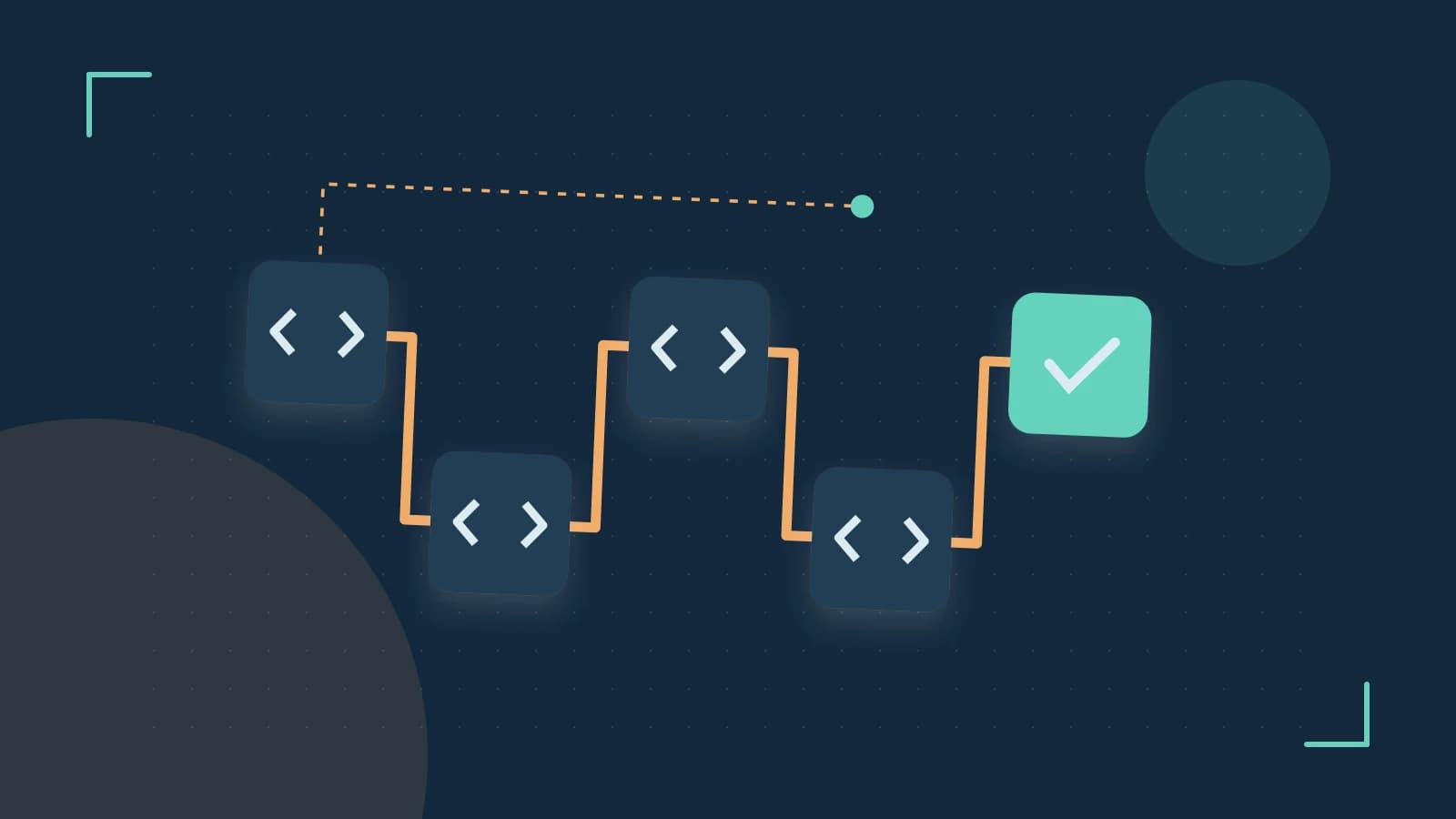 Editorial illustration of a branching build pipeline, staged transformations and a completed check