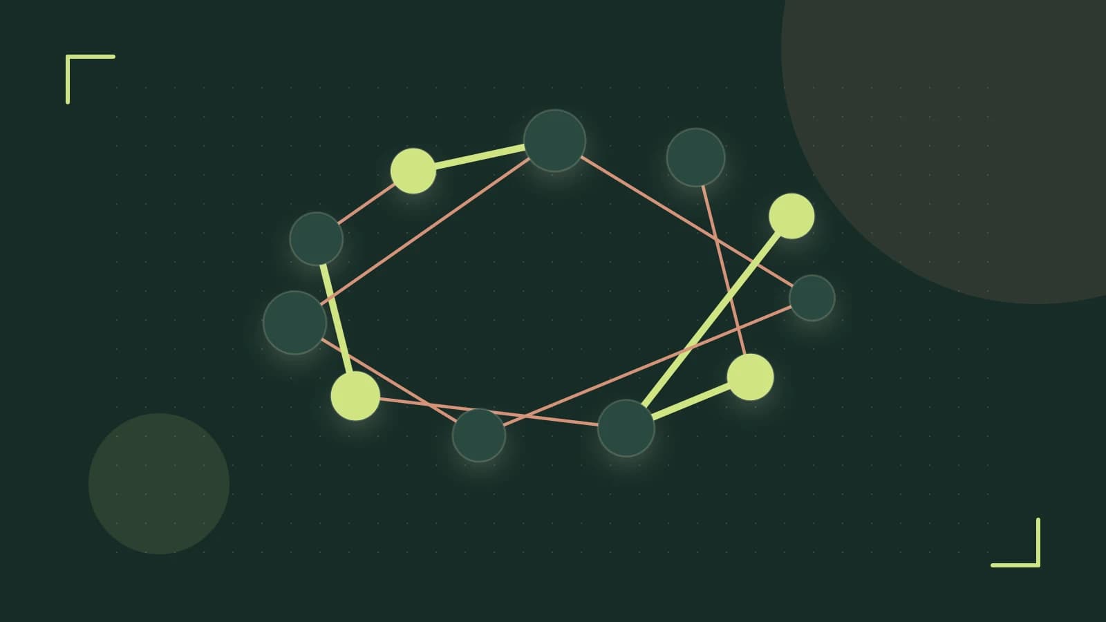 Editorial illustration of an algorithmic node graph with branching paths and a highlighted result