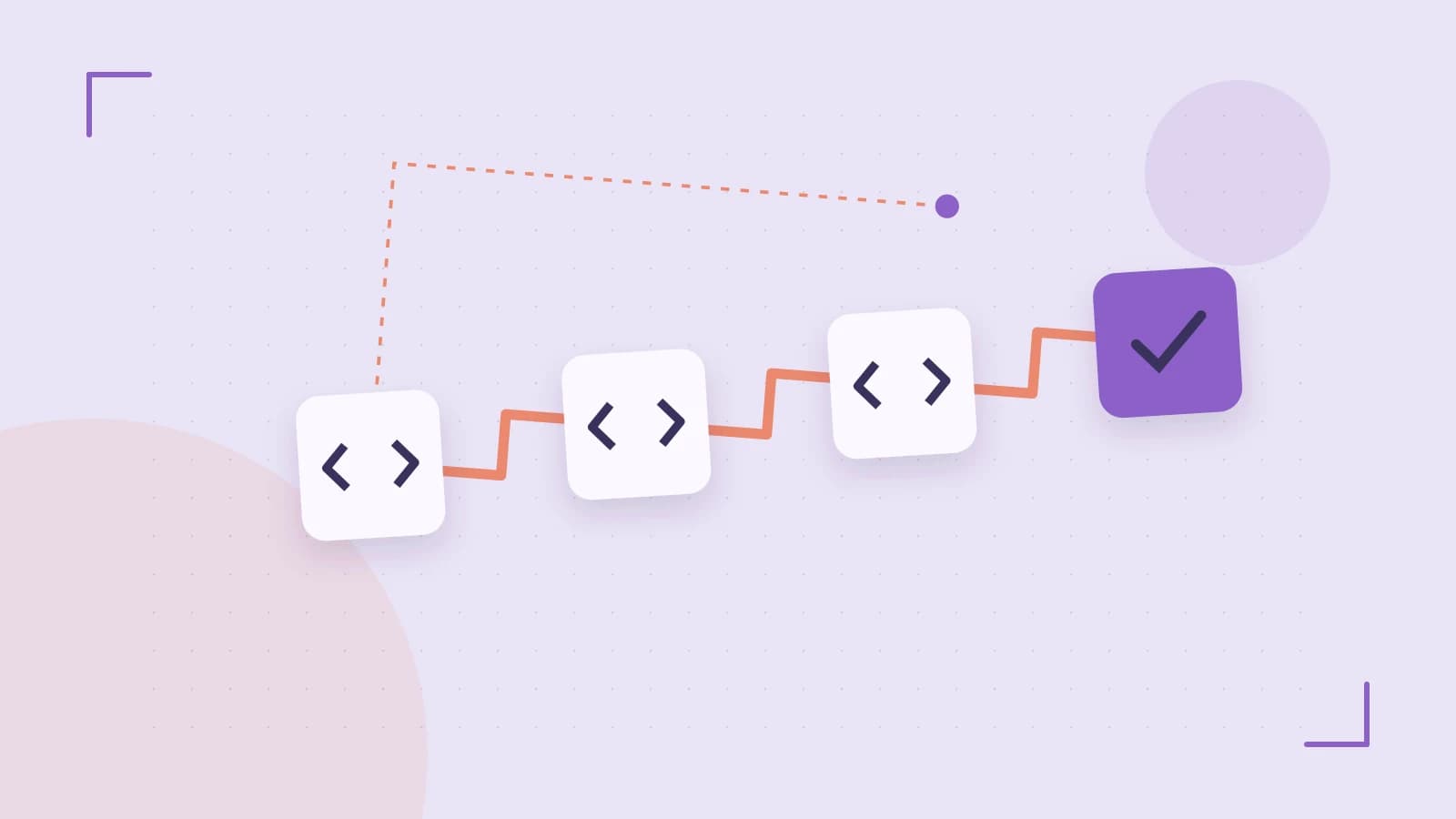 Editorial illustration of a branching build pipeline, staged transformations and a completed check