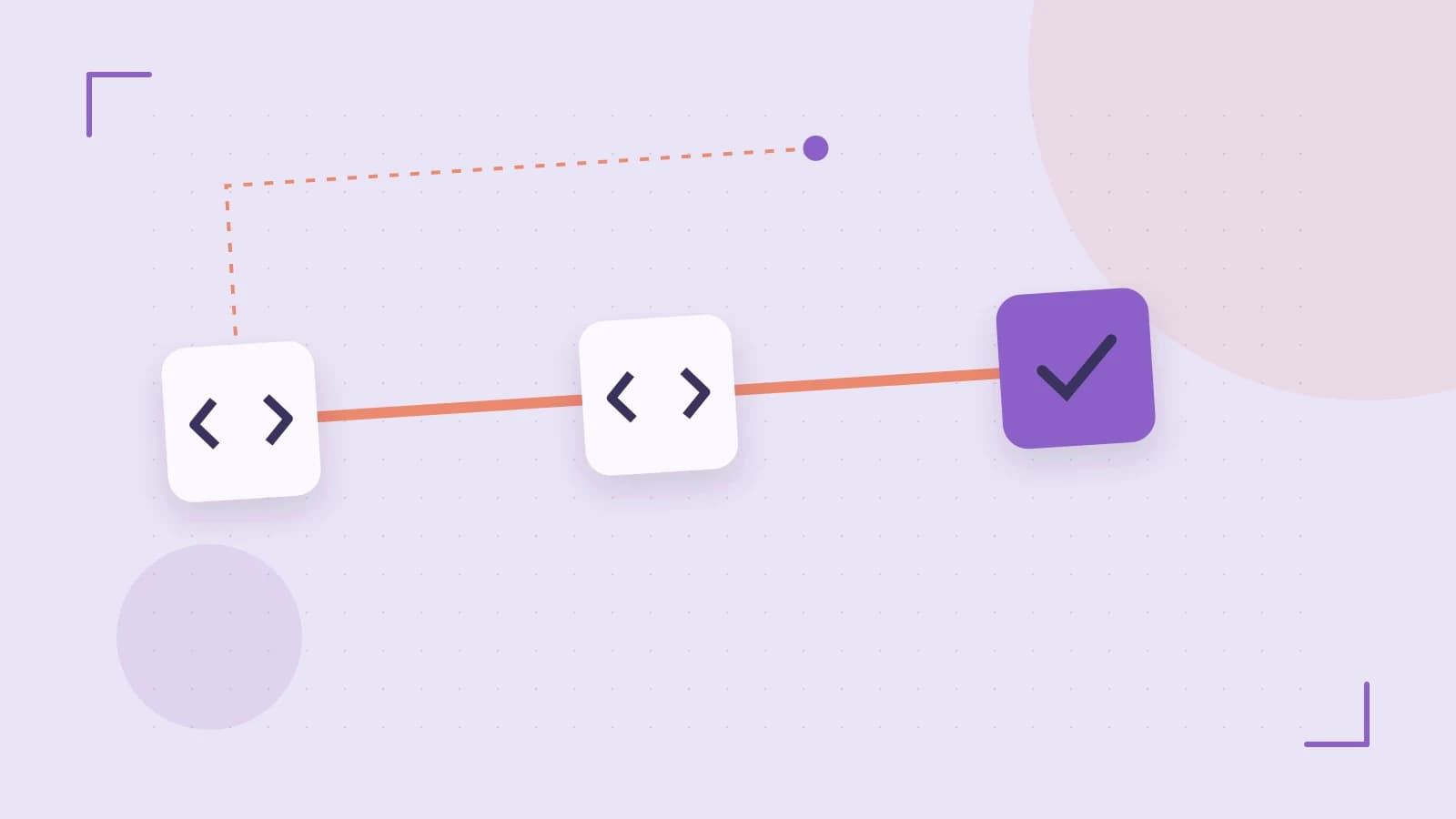 Editorial illustration of a branching build pipeline, staged transformations and a completed check
