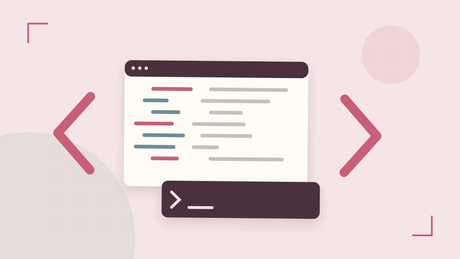 Editorial illustration of an abstract code editor, syntax blocks and oversized programming brackets