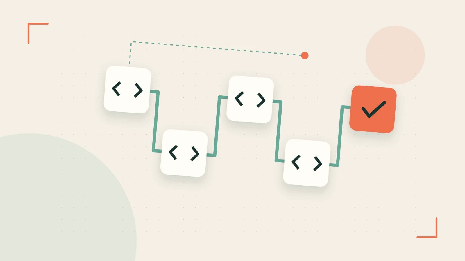Editorial illustration of a branching build pipeline, staged transformations and a completed check