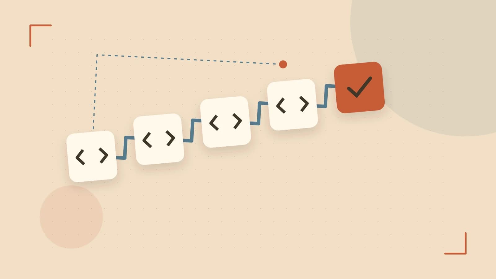 Editorial illustration of a branching build pipeline, staged transformations and a completed check